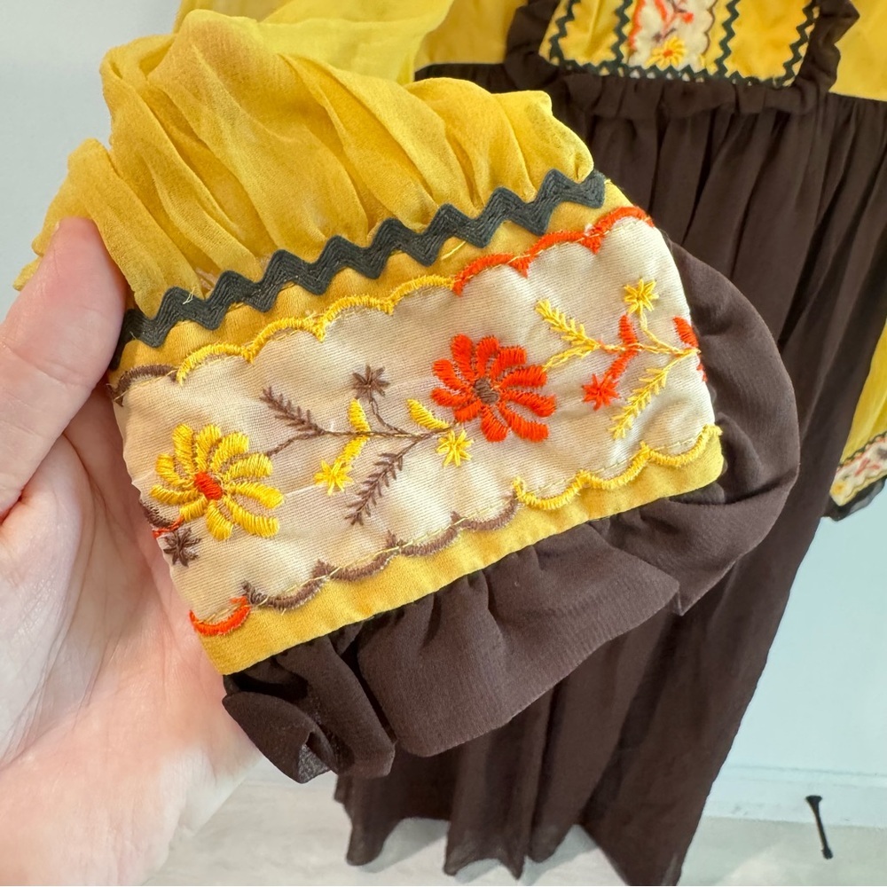 Vintage Late 1960s Early 1970s Embroidered Bohemian Prairie Dress‎ Brown Mustard - Picture 4 of 9